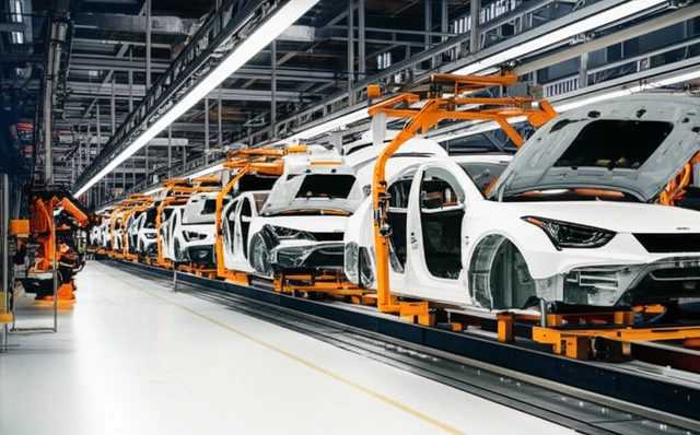 Cars moving along an automotive factory assembly line.