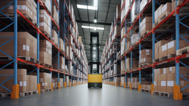Tall warehouse shelving stocked with boxes along a central aisle.